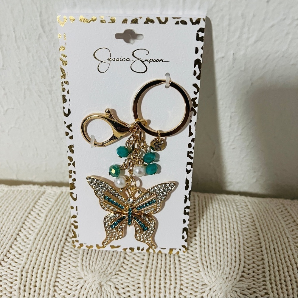 Jessica Simpson New Butterfly Bag Charm Keychain Rhinestones Teal/Gold Pearls